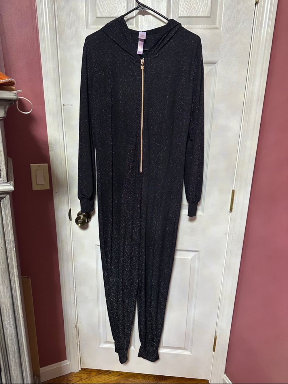 Sparkle Black Hooded Jumpsuit with Front Zip